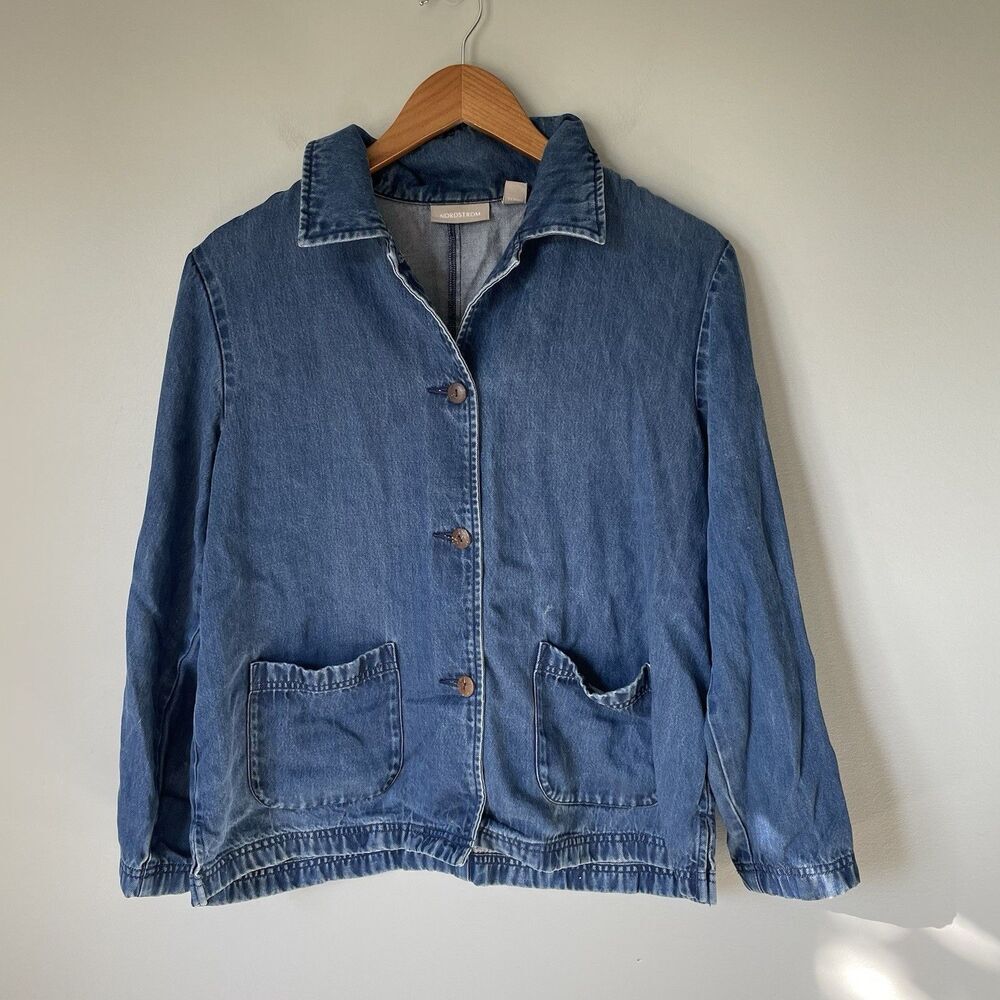 Nordstrom Denim Button Down Top Cottagecore Blue Tencel Women's Medium Petite